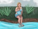  blonde_hair clothed clothing cloudy_sky dress eyes_closed feet_in_water female field grass hair human human_to_anthro mammal manatee marine outside plant river sirenian solo species_transformation tigertwins transformation transformation_sequence 