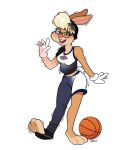  2021 3_toes 4_fingers 5_fingers anthro basketball black_hair blackshirtboy blonde_hair bottomwear breasts clothing eyewear feet female fingers glasses gloves hair handwear lagomorph leporid lola_bunny looney_tunes mammal midriff pants rabbit simple_background smile solo standing tan_body tf_into_fictional_character toes transformation warner_brothers white_background white_clothing white_gloves 