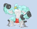  2017 3_toes anthro avian balls beak bench big_balls big_bulge big_penis blue_background bodily_fluids bulge clothed clothing countershading cum dumbbell feet genital_fluids genitals huge_balls huge_bulge huge_muscle huge_penis hyper hyper_balls hyper_bulge hyper_genitalia hyper_penis lifting looking_at_viewer male nintendo nipples penis pink_nipples rito simple_background sitting smile solo stagor55 the_legend_of_zelda toes underwear underwear_only veiny_muscle video_games weights white_body white_countershading 