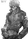  1boy character_name copyright_name cross cross_necklace dark_skin dark_skinned_male erection fingerless_gloves gloves greyscale highres jacket jewelry k&#039; legacy_zechs male_cleavage male_focus male_masturbation masturbation monochrome necklace open_fly pectorals penis short_hair simple_background solo sunglasses sweat the_king_of_fighters white_background white_hair 