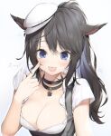  1girl :p animal_ears black_hair blue_eyes blush breasts cat_ears choker cleavage eyebrows_visible_through_hair facial_mark final_fantasy final_fantasy_xiv finger_to_face hat highres jewelry medium_breasts miqo&#039;te necklace simple_background symbol_commentary tongue tongue_out upper_body white_background yana_mori 