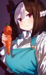  1girl :t animal_ears blue_overalls blush bob_cut braid breasts brown_hair carrot drop_shadow fingernails food food_bite french_braid highres holding holding_carrot holding_food holding_vegetable horse_ears large_breasts long_sleeves looking_at_viewer multicolored_hair pink_hair purple_eyes ryusei_hashida shirt solo special_week streaked_hair two-tone_hair umamusume vegetable white_shirt 