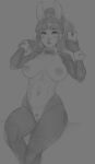  1girl animal_ears blush bow breasts bunny_ears cellphone collarbone djcomps earrings eyebrows_visible_through_hair female_pubic_hair gloves greyscale heart heart-shaped_pubic_hair highres holding holding_phone jewelry long_hair meme_attire monochrome navel original parted_lips phone ponytail pubic_hair reverse_bunnysuit reverse_outfit sitting sketch solo 