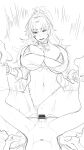  1boy 1girl absurdres assertive_female bangs bikini blush breasts censored eyebrows_visible_through_hair greyscale gyaru hetero highres kogal large_breasts last_origin long_hair monochrome open_mouth penis ponytail print_bikini pussy sketch sohn_woohyoung swimsuit 