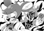  alastor_(hazbin_hotel) anthro bodily_fluids cervid cherub deerie_(vivzmind) demon drooling duo eyes_closed female freckles hazbin_hotel helluva_boss licking licking_lips male mammal monochrome mui_mmmm musical_note no_pupils ribbons saliva tongue tongue_out 