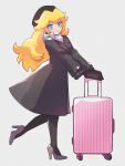  1girl black_coat black_gloves black_headwear black_legwear blonde_hair blue_eyes character_name coat earrings full_body gloves high_heels highres jewelry luggage mario_(series) mayuzumi princess_peach rolling_suitcase solo standing standing_on_one_leg super_mario_odyssey twitter_username 