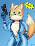  5_fingers absurd_res anthro big_breasts blue_background breasts canid canine clothed clothing cosplay crossgender crossover english_text eyewear female fingers fox fox_mccloud green_eyes gun half-closed_eyes hand_on_hip hi_res holding_gun holding_object holding_weapon looking_at_viewer mammal metroid narrowed_eyes nintendo nipple_outline ranged_weapon samus_aran scrabble007 simple_background skinsuit smile solo star_fox text thick_thighs tight_clothing video_games weapon wide_hips zero_suit zipper 