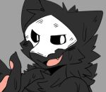  ambiguous_gender anthro black_body black_fur canid canine canis changed_(video_game) fur gesture grey_background hi_res mammal mask open_mouth pawpads paws puro_(changed) saku1saya simple_background solo waving wet white_eyes wolf 