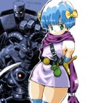  1girl blue_hair blush_stickers bow cape closed_mouth dragon_quest dragon_quest_v dress golem_(dragon_quest) green_eyes hair_bow hero&#039;s_daughter_(dq5) looking_at_viewer monster puchidori short_hair skirt thighhighs weapon 