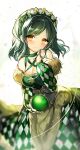  1girl apple argyle argyle_dress bare_shoulders blush braid breasts choker cleavage closed_mouth collarbone commission corset crown_braid dark_green_hair dress eyebrows_visible_through_hair food fruit fuupu green_apple green_choker green_hair green_theme hand_up holding holding_food holding_fruit kiratto_pri_chan long_sleeves medium_breasts no_pupils orange_eyes pretty_(series) smile solo 