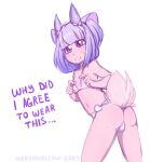  anthro bulge clothing conditional_dnp dialogue domestic_cat felid feline felis girly hair horn hybrid male mammal marshmallow-ears pastel pink_body pose purple_eyes purple_hair sketch solo swimwear 