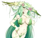  1girl breasts eyebrows_visible_through_hair flower green_eyes green_hair hair_between_eyes hair_flower hair_ornament hand_on_hip highres horns large_breasts long_hair looking_at_viewer messy_hair navel original red_flower red_rose rose simple_background slugbox solo very_long_hair white_background 