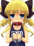  1girl akechi_kokoro animal_collar bangs black_bow blonde_hair blue_eyes bow chain child close-up collar cuffs drill_hair embarrassed flat_chest hair_bow hakuun_(m2230) handcuffs highres leash multiple_bows school_swimsuit simple_background solo swimsuit tantei_opera_milky_holmes tearing_up twin_drills twintails upper_body white_background 