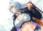  1girl ahoge braid breasts cleavage collared_shirt commentary_request crop_top dutch_angle granblue_fantasy gun large_breasts long_hair midriff navel nos rifle shirt silva_(granblue_fantasy) silver_hair sniper_rifle twin_braids wavy_hair weapon white_shirt yellow_eyes 