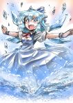  1girl blue_dress blue_eyes blue_hair blue_ribbon bow breasts cirno dress hair_bow ice ice_wings looking_at_viewer open_mouth ribbon short_hair short_sleeves smile solo the_embodiment_of_scarlet_devil touhou tukiwani wings 