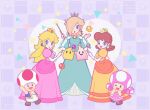  1boy 4girls aqua_dress blonde_hair brown_hair crown dress elbow_gloves gloves hair_over_one_eye heart luma_(mario) mario_(series) mayuzumi multiple_girls one_eye_closed open_mouth parted_lips pink_dress princess_daisy princess_peach puffy_short_sleeves puffy_sleeves rosalina short_sleeves smile star_(symbol) super_mario_bros. super_mario_galaxy super_mario_land toad toadette triangle twitter_username wand white_gloves wide_sleeves yellow_dress 