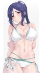  1girl aqua_ribbon arms_behind_back bangs bare_arms bare_shoulders bikini blush border breasts cleavage closed_mouth cowboy_shot eyebrows_visible_through_hair grey_background hand_on_own_arm head_tilt highres large_breasts long_hair looking_at_viewer love_live! love_live!_sunshine!! matsuura_kanan multi-strapped_bikini nasuno_(nasuno42) navel outside_border parted_bangs ponytail purple_eyes purple_hair ribbon side-tie_bikini sidelocks simple_background smile solo stomach swimsuit white_bikini white_border white_ribbon 