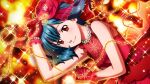  1girl ahoge armpits bracelet breasts cleavage dress game_cg gloves green_hair hair_ornament jewelry macross macross_frontier official_art ranka_lee red_dress red_eyes red_gloves see-through sleeveless sleeveless_dress smile solo string string_of_fate uta_macross_sumaho_deculture 
