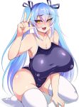  1girl :d bare_shoulders blue_hair blush breasts cameltoe cleavage covered_nipples fangs large_breasts nishida_megane one-piece_swimsuit open_mouth original school_swimsuit sitting smile solo swimsuit thighhighs twintails w wariza white_legwear yellow_eyes 