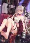  1boy 1girl alternate_costume artist_name azur_lane bag beer_can black_choker black_jacket black_shorts butler can choker eyebrows_visible_through_hair feet formidable_(azur_lane) gloves hair_ribbon handbag head_out_of_frame heart heart_choker highres holding holding_tray indoors jacket k12io legs long_hair looking_at_viewer midriff nail_polish necktie platinum_blonde_hair red_bag red_eyes red_nails red_neckwear ribbon see-through shorts sleeveless spiked_bag spiked_thighlet strapless thigh_strap tray twintails very_long_hair white_gloves 
