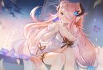  aqua_eyes breasts butterfly cherry cleavage clouds drink flowers food fruit garter granblue_fantasy horns long_hair narmaya_(granblue_fantasy) para3318 pink_hair pointed_ears sky stars sunset twintails 