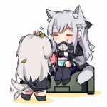  2girls afterimage ak-12_(girls_frontline) an-94_(girls_frontline) animal_ears bangs bowl braid chibi closed_eyes closed_mouth dog_ears dog_girl dog_tail eyebrows_visible_through_hair food french_braid frisbee girls_frontline highres long_hair long_sleeves multiple_girls pants petting simple_background sitting smile standing tail tail_wagging white_background yuutama2804 