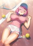  1girl ball bangs blush breasts breath chunithm closed_eyes day hair_between_eyes hair_ornament heavy_breathing highres hisasi large_breasts light_rays low_twintails lying on_back open_mouth outdoors pink_hair racket shirt short_sleeves skirt smile solo sportswear sunbeam sunlight sweat tennis tennis_ball tennis_racket tennis_uniform tennouzu_nazuna twintails visor_cap 