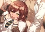  1boy 1girl ass bangs blazer blush boy_on_top braid brown_hair censored clothed_sex diagonal-striped_neckwear diagonal_stripes erere eyebrows_visible_through_hair french_braid hetero idolmaster idolmaster_shiny_colors jacket long_hair long_sleeves lying mosaic_censoring necktie no_panties on_stomach oosaki_amana open_mouth penis pillow pillow_hug prone_bone pussy pussy_juice school_uniform sex sex_from_behind sleeves_past_wrists solo_focus spread_legs striped striped_neckwear sweat swept_bangs vaginal yellow_eyes 