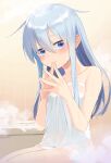  1girl bathroom bathtub blue_eyes blush closed_mouth collarbone commentary_request dx_(dekusu) eyebrows_visible_through_hair hair_between_eyes hands_together hibiki_(kancolle) highres indoors kantai_collection long_hair looking_at_viewer own_hands_together see-through silver_hair solo steam tile_wall tiles twitter_username water_drop wet wet_clothes 