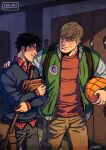  2boys backpack bag ball black_hair black_pants black_shirt blonde_hair book brown_pants closed_mouth couple cris_art earrings green_jacket hand_on_another&#039;s_shoulder holding holding_ball holding_book hulkling jacket jewelry looking_at_another male_focus marvel multicolored_clothes multicolored_jacket multiple_boys open_clothes open_jacket pants red_shirt shirt short_hair shoulder_bag sideburns smile two-tone_jacket white_jacket wiccan yaoi 