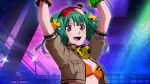  1girl :d ahoge arms_up bikini bikini_under_clothes breasts cropped_jacket game_cg green_hair hair_ornament macross macross_frontier official_art open_mouth ranka_lee red_eyes small_breasts smile solo swimsuit uta_macross_sumaho_deculture 