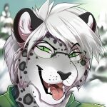  1:1 2021 anthro black_nose black_spots day detailed_background digital_media_(artwork) felid fur green_eyes grey_body grey_fur hair headshot_portrait lycangel male mammal open_mouth outside pantherine portrait sky smile snow_leopard solo spots spotted_body spotted_fur teeth tongue whiskers white_hair 