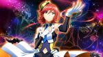  1girl armpits blue_eyes clothing_cutout constellation detached_collar game_cg gloves hand_on_own_chest hat kaname_buccaneer macross macross_delta navel_cutout official_art red_hair short_hair solo star_(sky) uta_macross_sumaho_deculture 