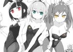  3girls aimusu amano_pikamee animal_ears annoyed bird black_hairband bow bowtie breasts bunny_ears bunny_tail cleavage detached_collar embarrassed fire fishnets flame gyari_(bird) hair_behind_ear hairband head_tilt highres hikasa_tomoshika holding holding_tray jitomi_monoe laughing leaning_forward leotard looking_at_viewer looking_down looking_to_the_side medium_breasts monochrome multiple_girls playboy_bunny playboy_bunny_leotard small_breasts spot_color tail tray virtual_youtuber voms wrist_cuffs 