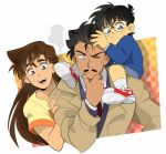  1girl 2boys :d black_hair blue_jacket brown_coat brown_hair child cigarette coat collarbone collared_shirt edogawa_conan facial_hair glasses hand_on_own_chin hand_up happy jacket long_hair meitantei_conan moosopp mouri_kogoro mouri_ran multiple_boys mustache necktie on_shoulder open_mouth orange_shirt outside_border red_footwear shirt shoes short_hair shorts smile sneakers sweat symbol_commentary thinking upper_body white_footwear white_shirt 