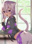  1girl ahoge animal_ear_fluff animal_ears blush cat_ears cat_girl cat_tail eyebrows_visible_through_hair food highres hololive hololive_gamers komiojisan looking_at_viewer macaron nekomata_okayu open_mouth purple_eyes purple_hair short_hair smile tail virtual_youtuber 