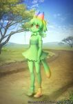  1girl animal_ears bare_shoulders blonde_hair blue_sky bow bowtie cellval colored_skin commentary_request ctake02 dirt_road elbow_gloves eyebrows_visible_through_hair gloves grass green_gloves green_hair green_legwear green_neckwear green_shirt green_skin green_skirt high-waist_skirt kemono_friends kemono_friends_3 multicolored_hair official_art red_eyes road serval_ears serval_tail shirt short_hair skirt sky sleeveless solo tail thighhighs tree zettai_ryouiki 