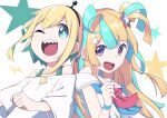  2girls aimusu amakawa_hano amano_pikamee back-to-back blonde_hair blue_hair bright_pupils closed_eyes colored_inner_hair green_hair hair_behind_ear hair_ornament highres looking_to_the_side multicolored_hair multiple_girls off-shoulder_shirt off_shoulder one_eye_closed open_mouth purple_eyes re:act sharp_teeth shirt short_sidetail side_ponytail smile star_(symbol) star_hair_ornament streaked_hair teeth virtual_youtuber voms white_pupils white_shirt 