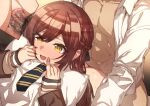  1boy 1girl ass bangs blazer blush boy_on_top braid brown_hair censored clothed_sex diagonal-striped_neckwear diagonal_stripes erere eyebrows_visible_through_hair french_braid hetero idolmaster idolmaster_shiny_colors jacket long_hair long_sleeves lying mosaic_censoring necktie no_panties on_stomach oosaki_amana open_mouth penis pillow pillow_hug prone_bone pussy pussy_juice school_uniform sex sex_from_behind sleeves_past_wrists smile solo_focus spread_legs striped striped_neckwear sweat swept_bangs vaginal yellow_eyes 