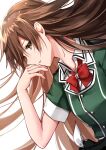  1girl absurdres bangs bow bowtie brown_eyes brown_hair collared_shirt green_jacket hair_down highres jacket kantai_collection katsuobushi_(eba_games) long_hair looking_at_viewer looking_to_the_side red_neckwear shirt short_sleeves simple_background solo tone_(kancolle) upper_body white_background white_shirt 
