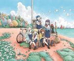  5girls album_cover bicycle blonde_hair blue_sky broom brown_hair bubble cat cloud cover day flower game_boy globe grass green_hair ground_vehicle handheld_game_console hat headphones highres instrument jacket keyboard_(instrument) ladder melodica multiple_girls nakamori_kemuri outdoors red_flower sayonara_ponytail school_uniform serafuku sky stepladder tree tree_stump twintails white_flower wizard_hat yellow_jacket 