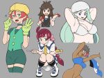  5girls :d armpits bangs black_legwear blue_eyes blue_sarong blush boots bra braid braided_ponytail breasts brown_eyes brown_hair buttons chloe_(pokemon) cleavage closed_mouth collared_dress commentary dark_skin dark_skinned_female dress earrings eyelashes georgia_(pokemon) gloves green_(pokemon) green_eyes green_gloves green_hair green_legwear green_vest grey_background hair_between_eyes hands_up hat heart highres holding holding_collar holding_leash holding_spoon jewelry knees_together_feet_apart leash long_hair melony_(pokemon) middle_w multiple_girls navel nutkingcall open_mouth phoebe_(pokemon) pigeon-toed pokemon pokemon_(anime) pokemon_(game) pokemon_bw_(anime) pokemon_lgpe pokemon_oras pokemon_swsh pokemon_swsh_(anime) sarong sarong_removed school_uniform short_hair simple_background sleeveless smile socks spoon teeth thighhighs tongue tongue_out underwear vest w white_dress white_footwear white_headwear wristband yellow_headwear yellow_neckwear 