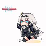  1girl an-94_(girls_frontline) animal_ears bangs blush chibi dog_ears dog_girl dog_tail eyebrows_visible_through_hair frisbee girls_frontline gloves hairband highres long_hair long_sleeves running simple_background solo tail white_background yuutama2804 