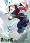  1girl black_hair blush commentary female_protagonist_(pokemon_legends:_arceus) floating_scarf g_li gen_4_pokemon grey_eyes hands_together head_scarf highres interlocked_fingers mamoswine open_mouth pantyhose piplup pokemon pokemon_(creature) pokemon_(game) pokemon_legends:_arceus ponytail pouch red_scarf sash scarf shiny sidelocks socks teeth tongue white_headwear 