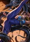  1girl abs biceps chun-li covered_navel double_bun dragon eastern_dragon hair_bun hair_ribbon high_kick highres kicking leg_up liang_xing muscular muscular_female official_alternate_costume parted_lips ribbon serious solo split standing standing_on_one_leg standing_split street_fighter street_fighter_zero_(series) studded_bracelet toned yellow_ribbon 