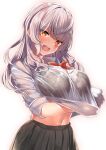  1girl black_skirt blush bow bowtie highres kawai long_hair looking_at_viewer navel open_mouth original red_neckwear school_uniform see-through_shirt shirt silver_hair skirt wet wet_clothes wet_shirt white_background yellow_eyes 