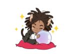  1boy :3 animal_ears bangs brown_hair cat_ears cat_tail chibi closed_eyes closed_mouth collared_shirt danganronpa_(series) danganronpa_3_(anime) dark_skin hagakure_yasuhiro holding jacket jacket_on_shoulders long_hair long_sleeves male_focus moosopp pillow shirt simple_background sitting solo sparkle sparkle_background symbol_commentary tail white_background white_shirt 