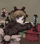  1girl alcohol arms_on_table awk_chan bangs blonde_hair blue_eyes blush bow brown_background doll flower frilled_shirt frilled_shirt_collar frilled_sleeves frills hair_between_eyes highres ink_bottle jar light_smile lily_of_the_valley looking_at_viewer medicine_melancholy paper puffy_short_sleeves puffy_sleeves red_bow red_neckwear red_ribbon ribbon shirt short_hair short_sleeves simple_background solo su-san table tablecloth touhou wavy_hair white_ribbon 