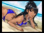  1girl ass bangs beach bikini black_border black_hair blue_bikini border dark-skinned_female dark_skin day dokiyuri earrings elbow_rest eyebrows_visible_through_hair hand_on_own_cheek hand_on_own_face head_rest high_ponytail idolmaster idolmaster_shiny_colors jewelry kazano_hiori long_hair looking_at_viewer lying mole mole_under_mouth ocean on_stomach outdoors ponytail purple_eyes side-tie_bikini solo string_bikini swept_bangs swimsuit tan 