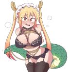  1girl bagelbomb bdsm blonde_hair blush bondage bound bra breasts cowboy_shot dragon_girl dragon_horns dragon_tail english_commentary eyebrows_visible_through_hair fang highres horns kobayashi-san_chi_no_maidragon large_breasts long_hair maid_headdress navel orange_eyes panties shibari slit_pupils solo standing tail thighhighs tohru_(maidragon) tongue twintails underwear 